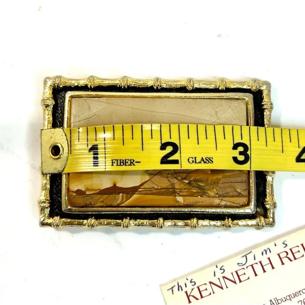 1970s Kenneth Reid Mixed Wood Inlay and Howlite Solid Brass Handmade Belt Buckle
